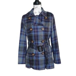 Tommy Hilfiger Blue Plaid Double Breasted Pea Coat, Medium